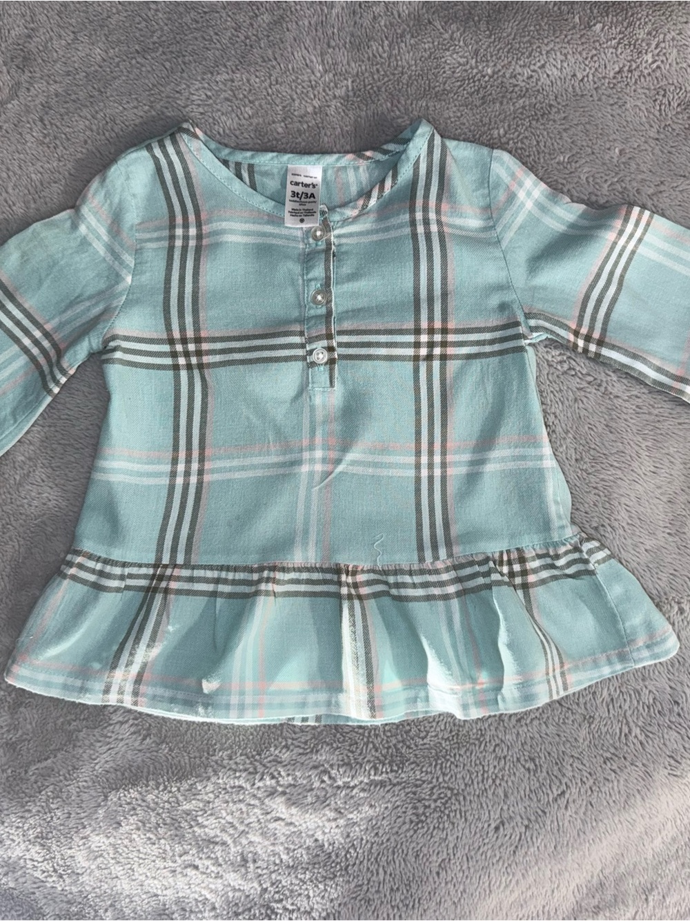 Carter's Toddler Girls Size 3T Aqua Blue Plaid Peplum Top | Long Sleeve Ruffle
